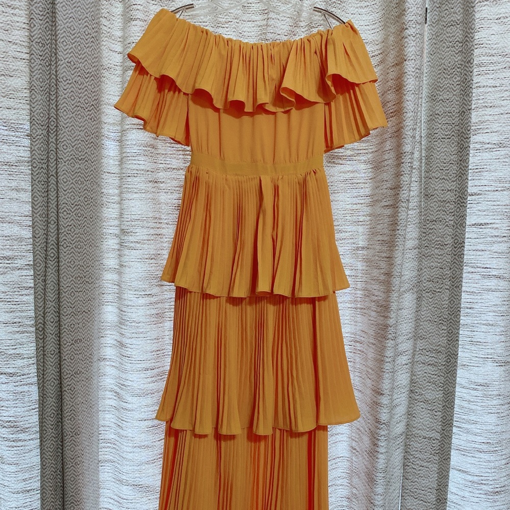 Gold Pleated Off-shoulder Tiered Midi Dress